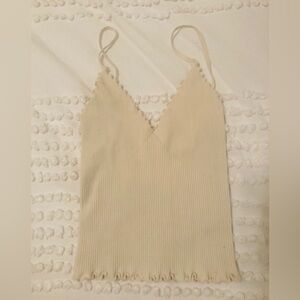 Free People Ivory Off White Ribbed Knit Tank Top Great Cleavage V Neck sz Small